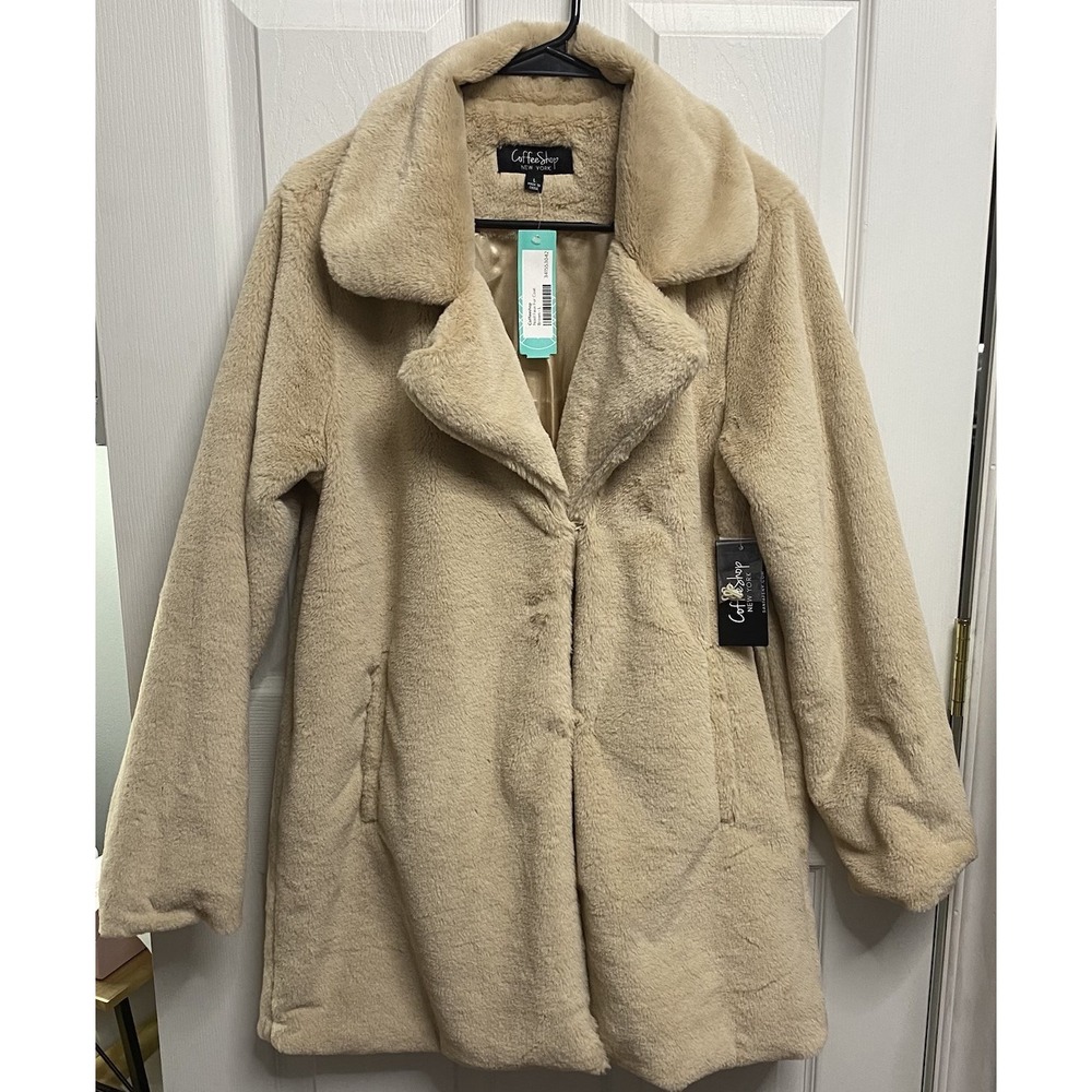 CoffeeShop Women Faux-Fur Beige Winter Dress Coat Lined Front Hooks Sz. L-NWT